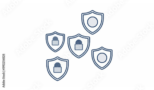 Outline security shield icons diagonal vector set with lock and check line design