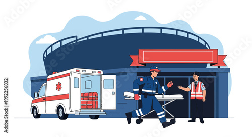 Paramedics rush with stretcher from ambulance to hospital entrance for emergency