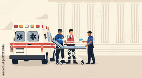 Paramedics Transfer Patient From Ambulance to Building with Gurney