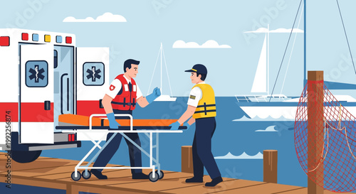 Paramedics Transport Patient from Ambulance to Boat Dock for Rescue