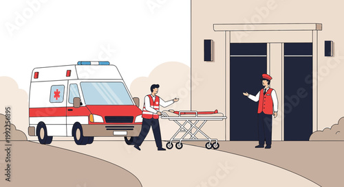 Paramedics Transport Patient from Ambulance to Hospital Entrance