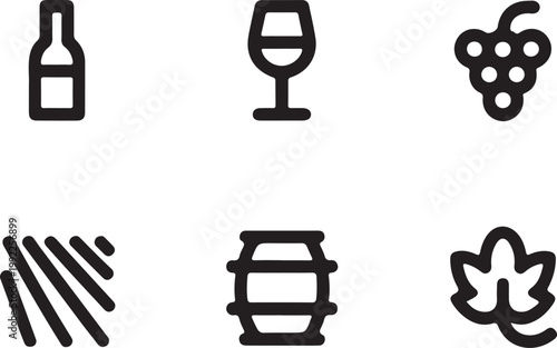 Vineyards and wine vector icon. Wine bottle, fruit and box icon in flat filled and outline stroke line art
