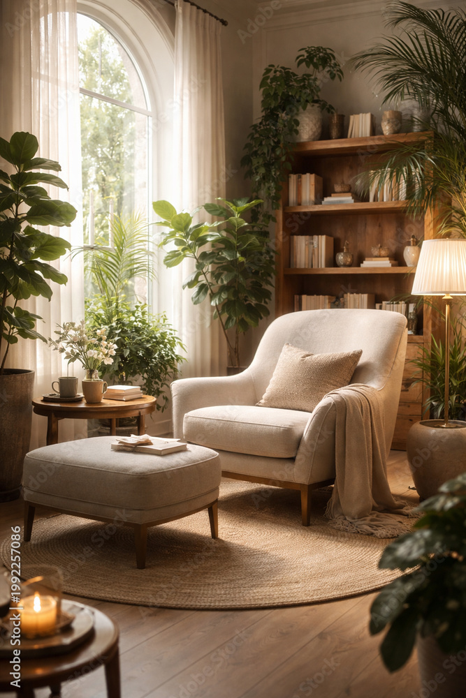Fototapeta premium Cozy Reading Nook: An inviting interior scene, with natural light streaming through a large arched window, illuminating a comfortable armchair and a collection of indoor plants.