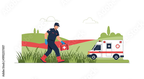 Paramedic with First Aid Kit Running Towards Ambulance in Rural Landscape
