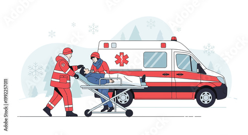 Paramedics transport patient on stretcher to ambulance in snowy winter landscape