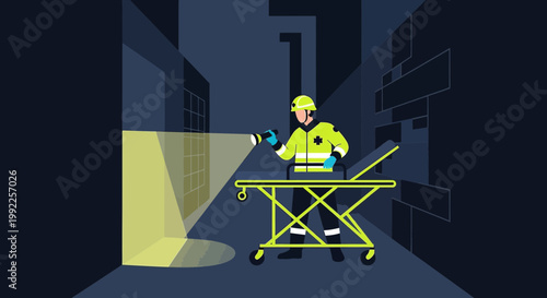 Paramedic with flashlight and stretcher in dark corridor, emergency medical services concept