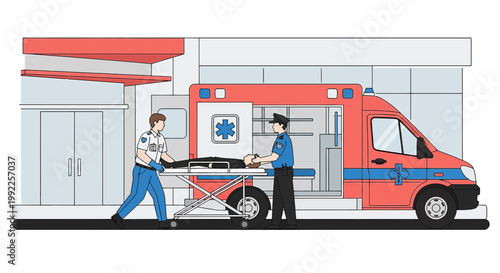 Paramedics Transport Patient on Stretcher to Ambulance Outside Hospital