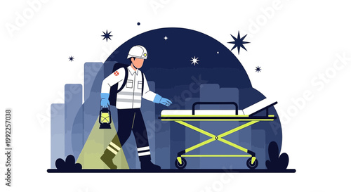 Paramedic with Lantern and Stretcher at Night, Cityscape Background