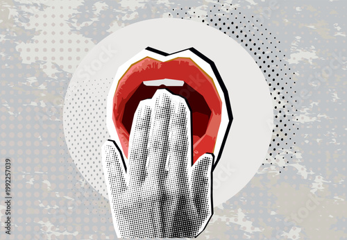 Trendy halftone collage a hand covers the mouth in surprise, fright, joy, or news. Trendy newspaper cut out paper elements. Vector illustration.