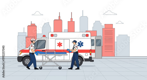 Paramedics Transport Patient on Stretcher with Ambulance and City Skyline Background