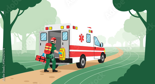 Paramedic with Medical Bag and Defibrillator by Ambulance on Nature Path