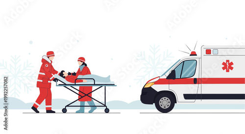 Paramedics Transport Patient to Ambulance in Snowy Weather