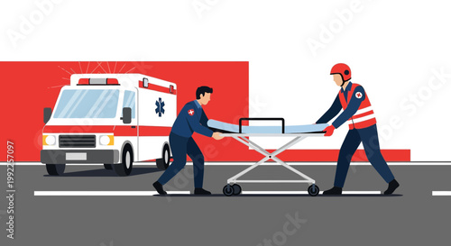 Paramedics Transport Patient on Stretcher with Ambulance in Background