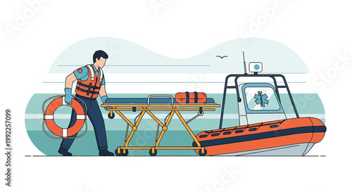 Paramedic with Lifebuoy and Stretcher Preparing for Rescue Operation from Boat