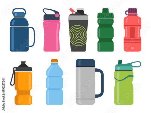 Colorful collection of various plastic water bottles and containers for hydration on the go
