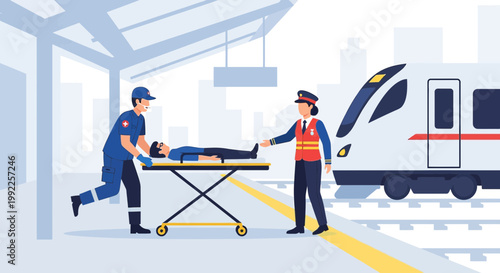 Paramedics Transporting Patient on Stretcher at Train Station Platform with Train