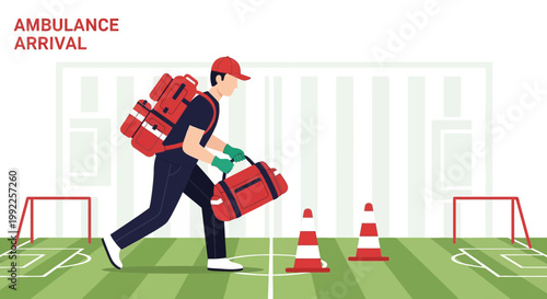Paramedic with Medical Bags on Sports Field, Ambulance Arrival Concept