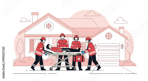 Paramedics Transporting Patient on Stretcher from House to Ambulance