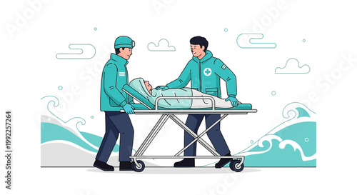 Paramedics Transporting Patient on Stretcher Amidst Waves, Emergency Medical Care Concept