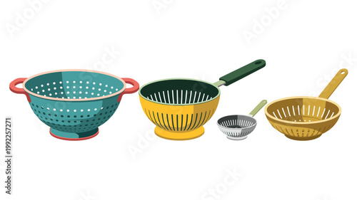 Four kitchen colanders in different colors and sizes for cooking and food preparation