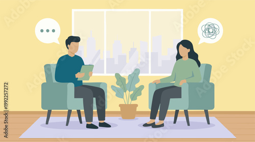 Therapy session with a psychologist and patient discussing mental health issues