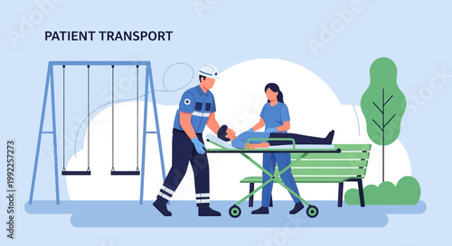 Paramedics Transporting Patient on Stretcher in Park, Rehabilitation and Emergency Care Concept