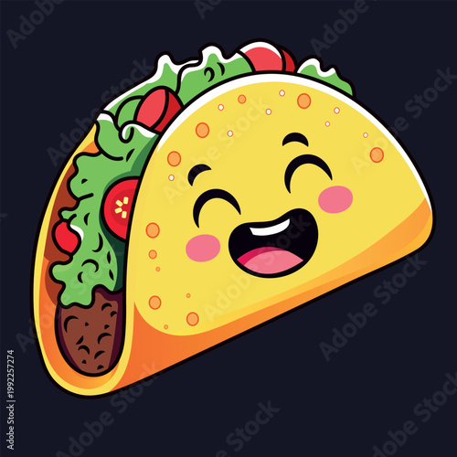 Cute Cartoon Taco Character Smiling on Black.