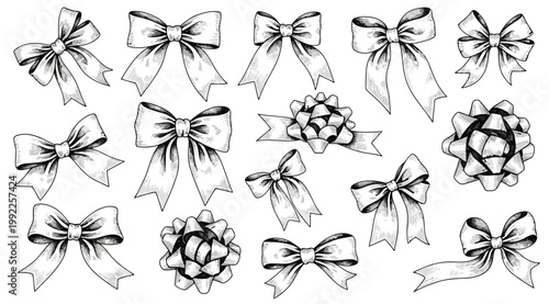 Set of handdrawn decorative gift bows and ribbons