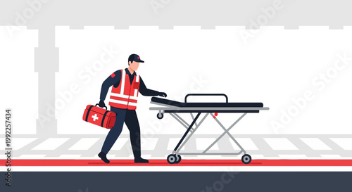Paramedic with Stretcher and First Aid Kit at Train Station Platform