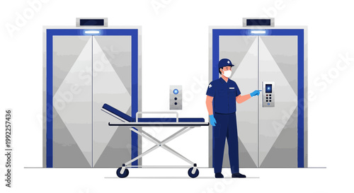 Paramedic with Stretcher and Elevator Doors: Healthcare, Emergency Transport, Hospital Logistics
