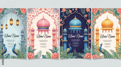 Set of invitation cards with traditional archways, peacocks, and floral patterns