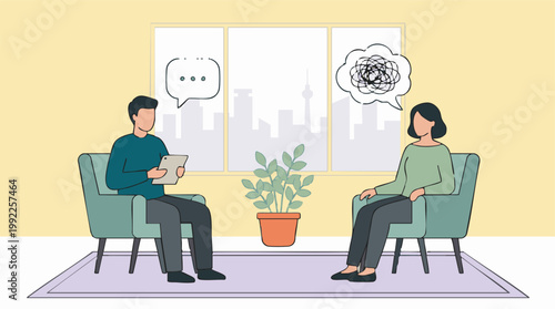 Psychotherapy session with patient expressing complex thoughts to therapist