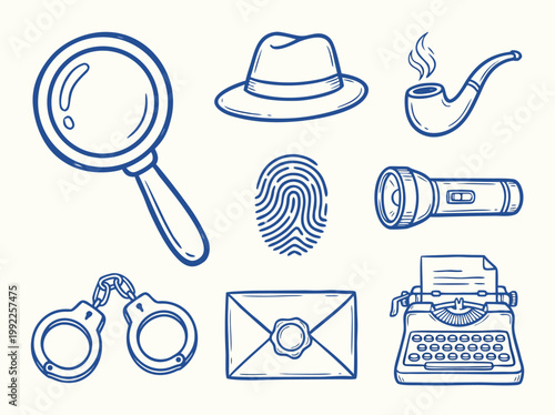 Detective Tools and Symbols Hand Drawn Illustration.