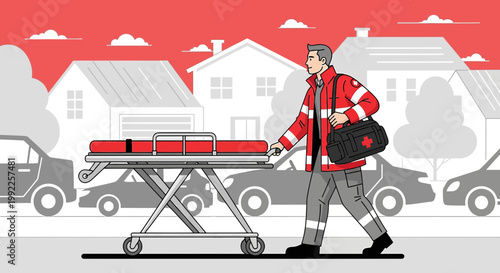 Paramedic with Stretcher and Medical Bag on Suburban Street
