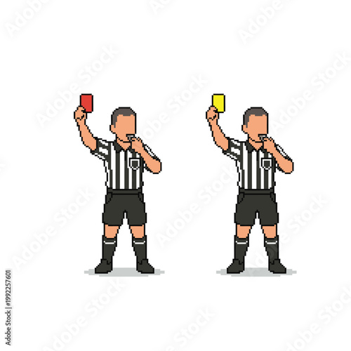 simple pixel illustration of a football match referee blowing a whistle and holding up red and yellow cards