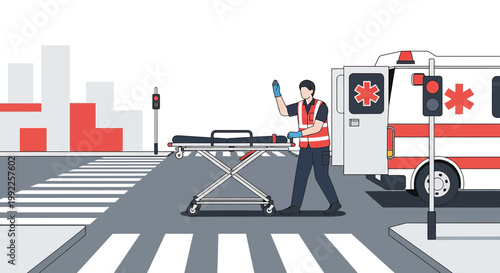 Paramedic with Stretcher at Ambulance on Pedestrian Crossing, Emergency Medical Services