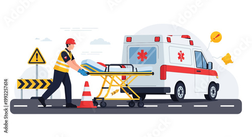 Paramedic with Stretcher at Ambulance Scene, Emergency Medical Services