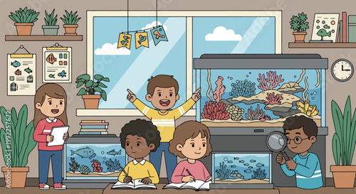 Diverse children in a classroom setting excitedly observe and study several fish tanks filled with colorful coral and diverse marine life.