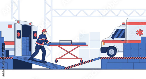 Paramedic with Stretcher at Ambulance, Emergency Medical Services Scene