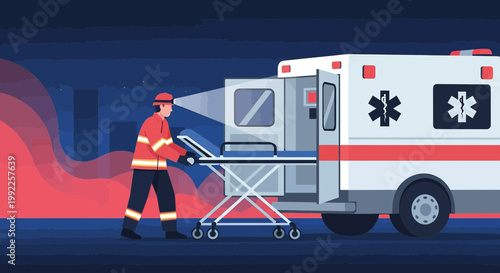 Paramedic with Stretcher at Ambulance, Emergency Response, Night Cityscape