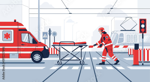 Paramedic with Stretcher at Ambulance, Emergency Medical Service in City