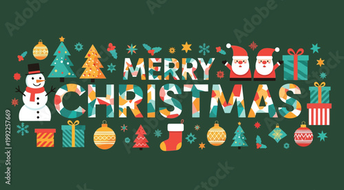 Merry christmas greeting card design with festive icons and colorful typography