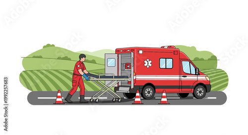 Paramedic with Stretcher at Ambulance, Rural Roadside Emergency Scene