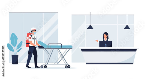 Paramedic with Stretcher at Hospital Reception, Patient Transport and Emergency Response Concept