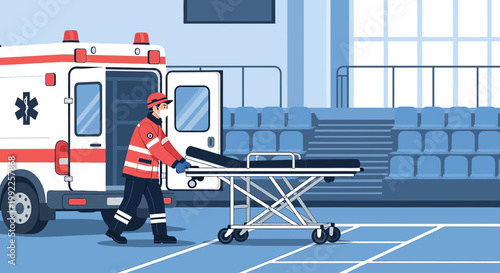 Paramedic with Stretcher at Sports Venue: Emergency Medical Response