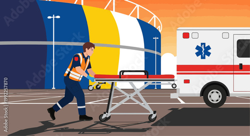 Paramedic with Stretcher at Stadium with Ambulance, Emergency Medical Services