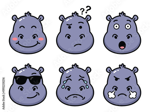 Cute Hippo Emoticon Set.