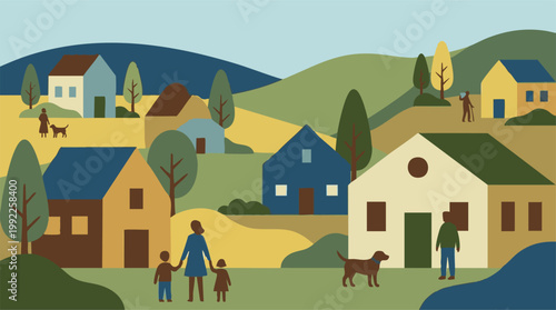 Vibrant village illustration with families, houses, trees, and dogs in nature