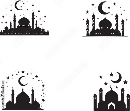 Islamic mosque silhouettes with crescent moon and stars for festive night design