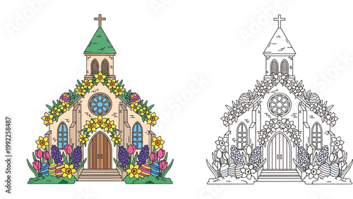 Easter Church Decorated with Spring Flowers and Colorful Eggs, Includes Black and White Line Art Version for Coloring Book Page, Religious Architecture and Floral Decoration Vector Illustration